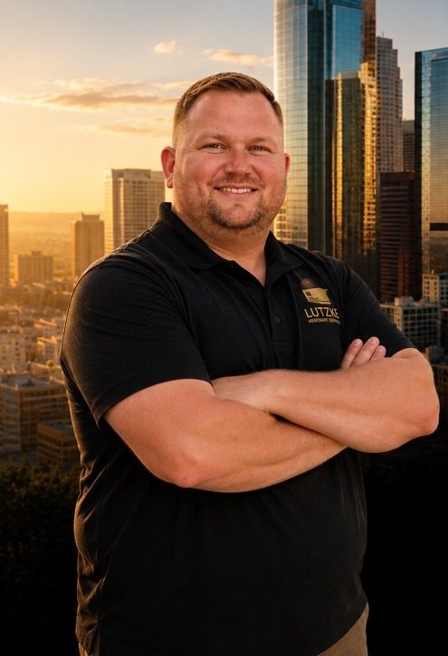 Drew Lutzke, founder of Lutzke Merchant Services, in front of the Los Angeles skyline